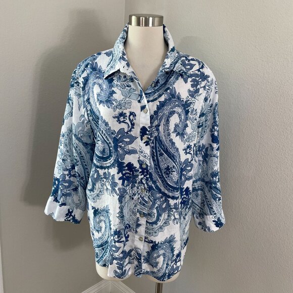 Chicos Womens 16 Blue No Iron Paisley Linen Shirt Long Sleeve Button Up Blouse - Picture 1 of 12